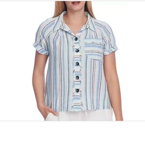 NWT VINCE CAMUTO Button-Down Plaid Aqua Ice Short Sleeves Shirt Women’s S Size